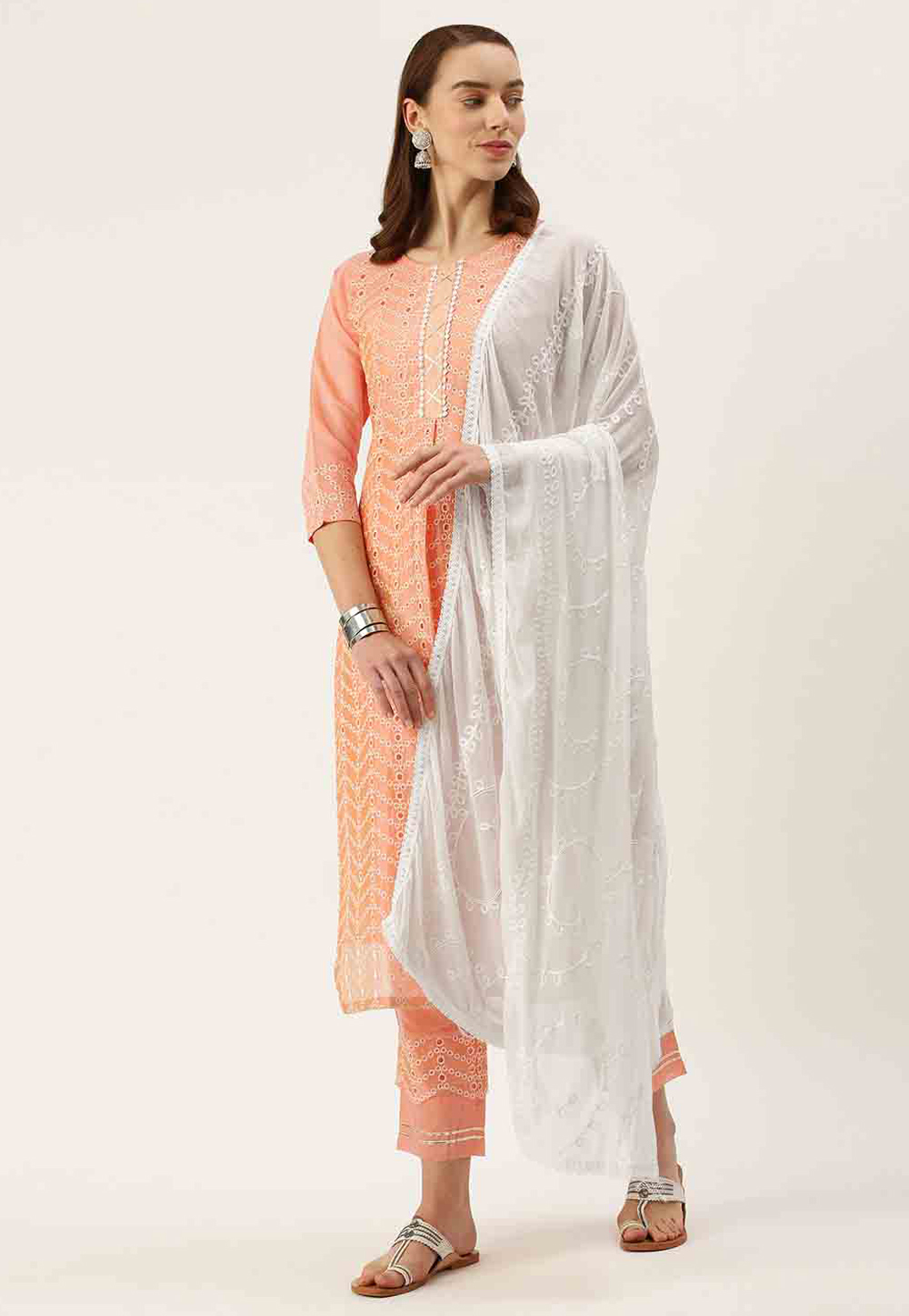 Peach Chanderi Readymade Pant Style Suit 280789