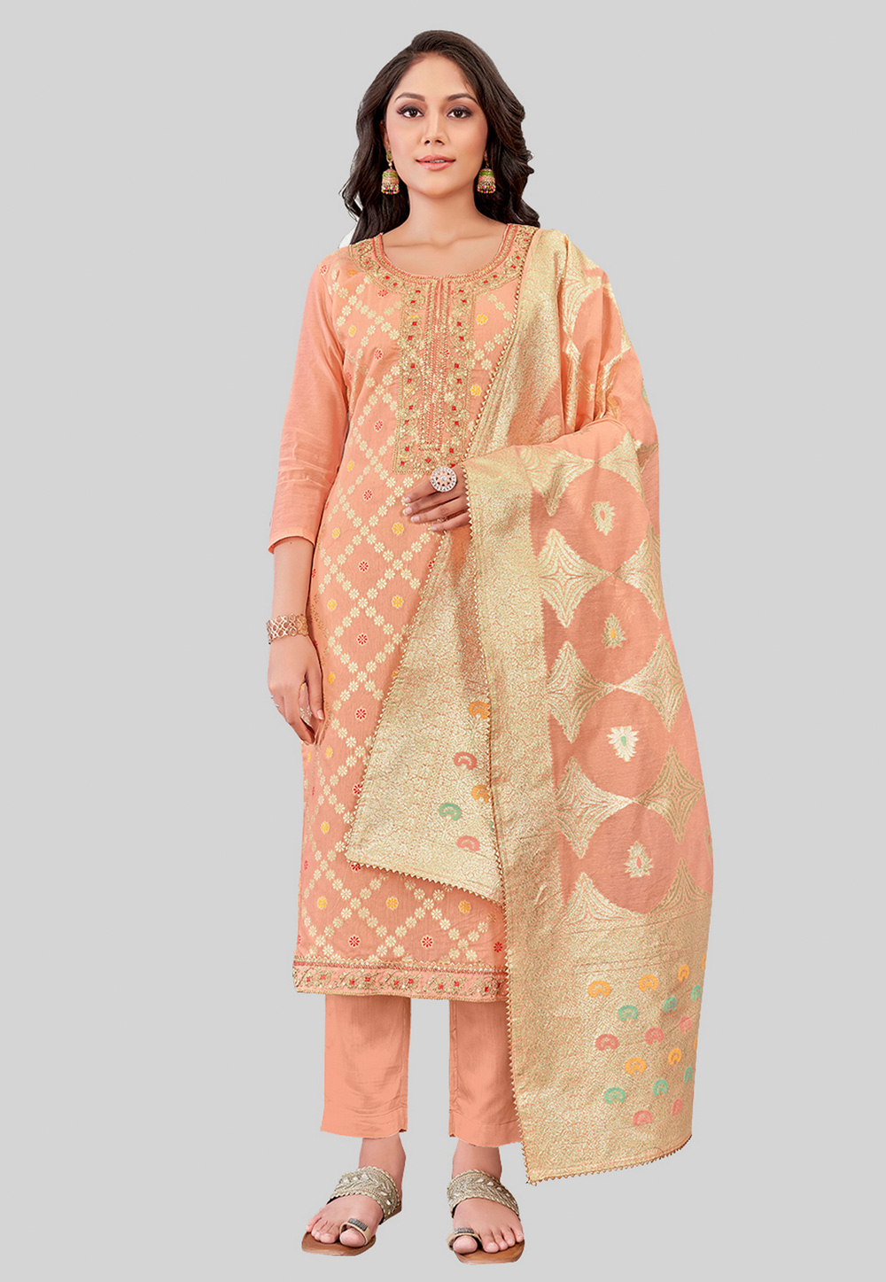 Peach Chanderi Silk Pant Style Suit 284475