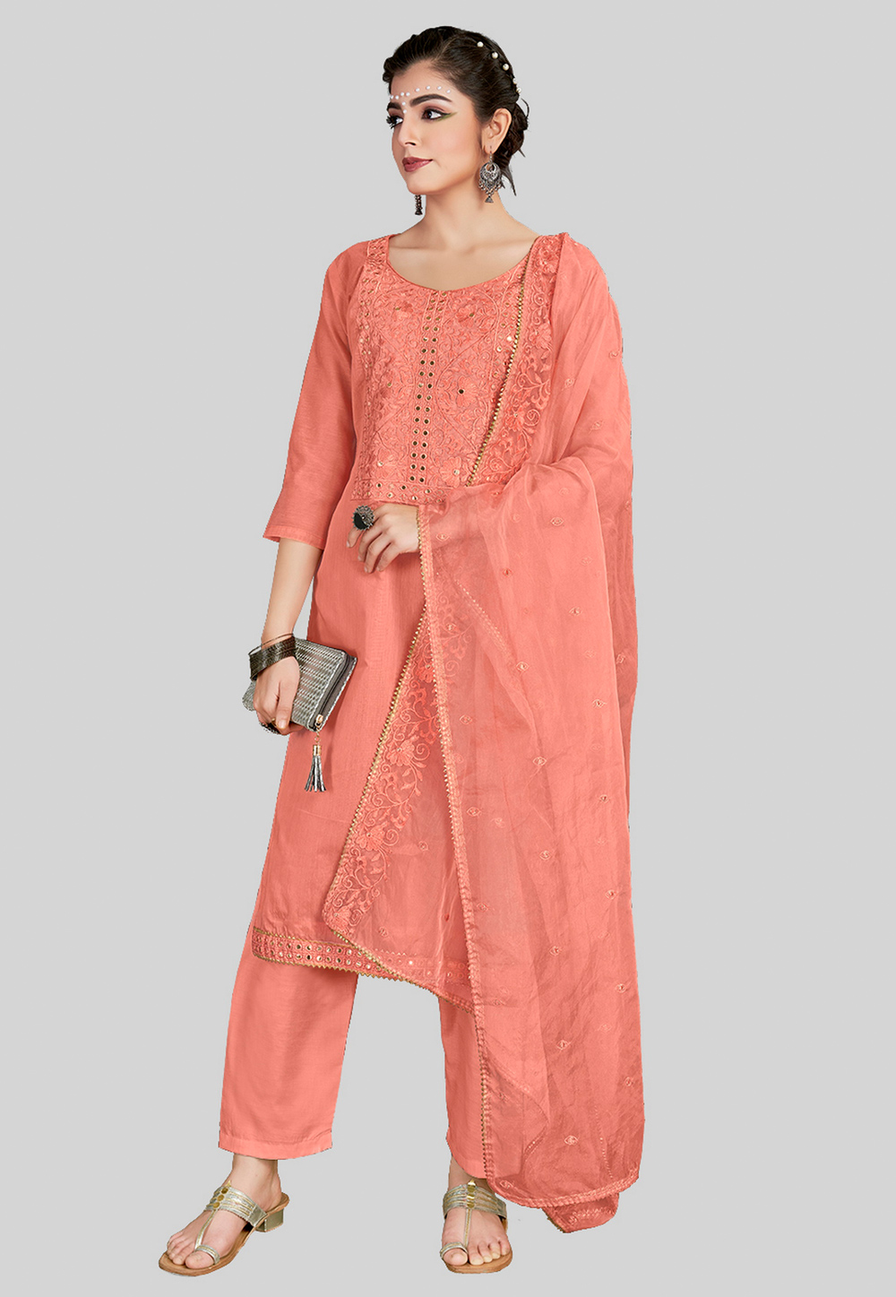 Peach Chanderi Silk Pant Style Suit 284592