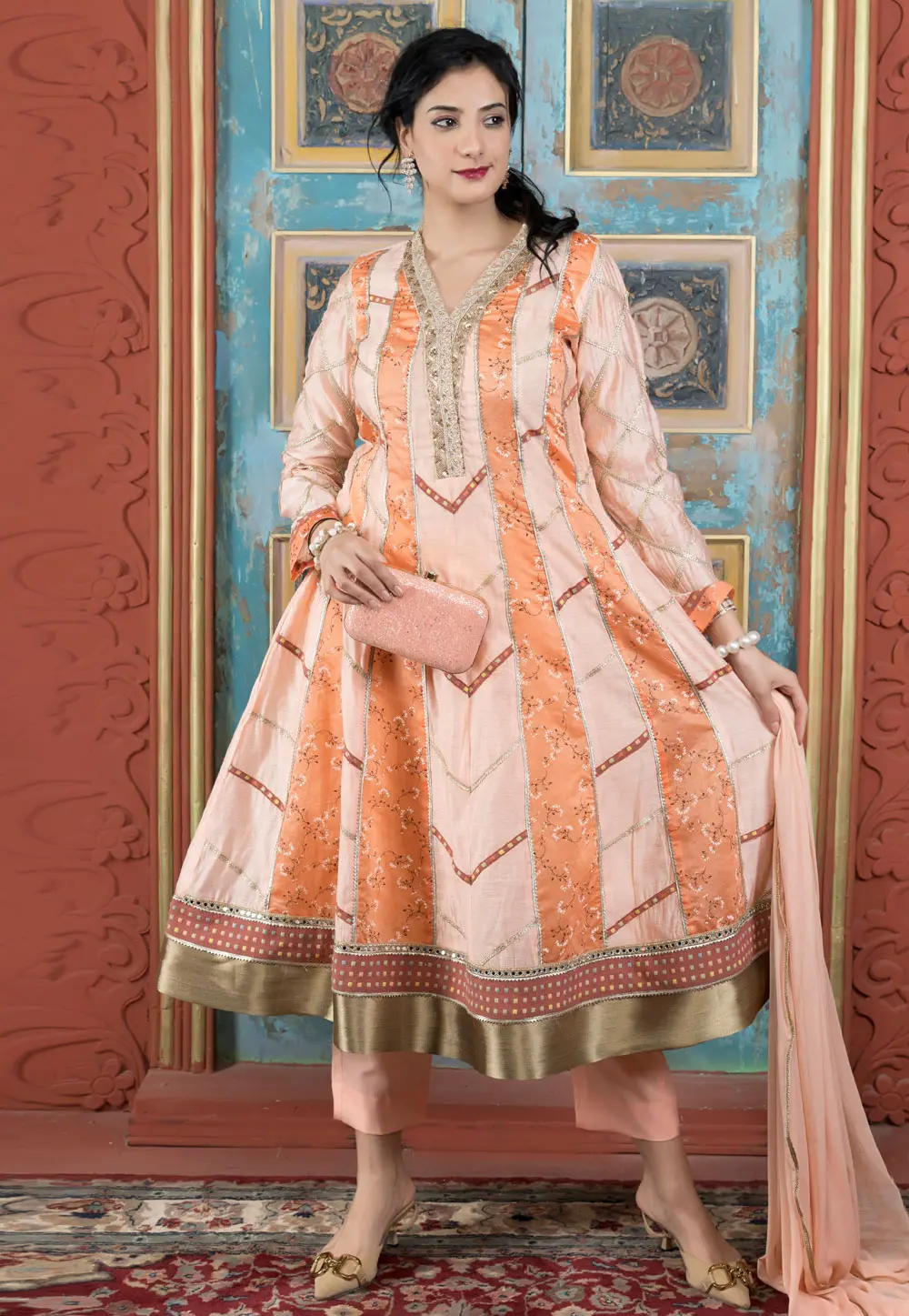 Peach Chanderi Silk Readymade Pant Style Suit 299082