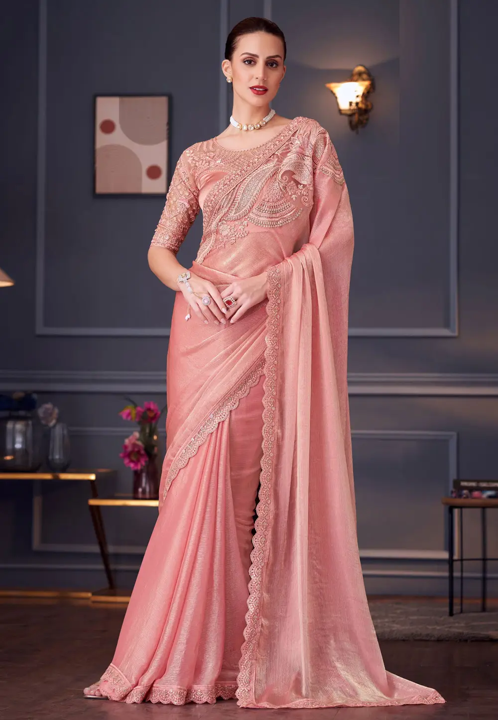 Peach Chiffon Designer Saree 296352