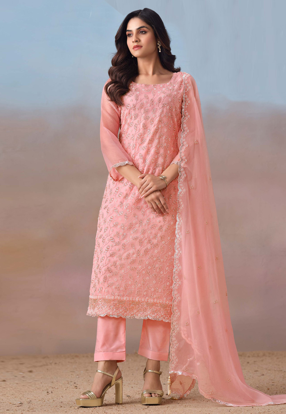 Peach Chiffon Embroidered Straight Suit 309325