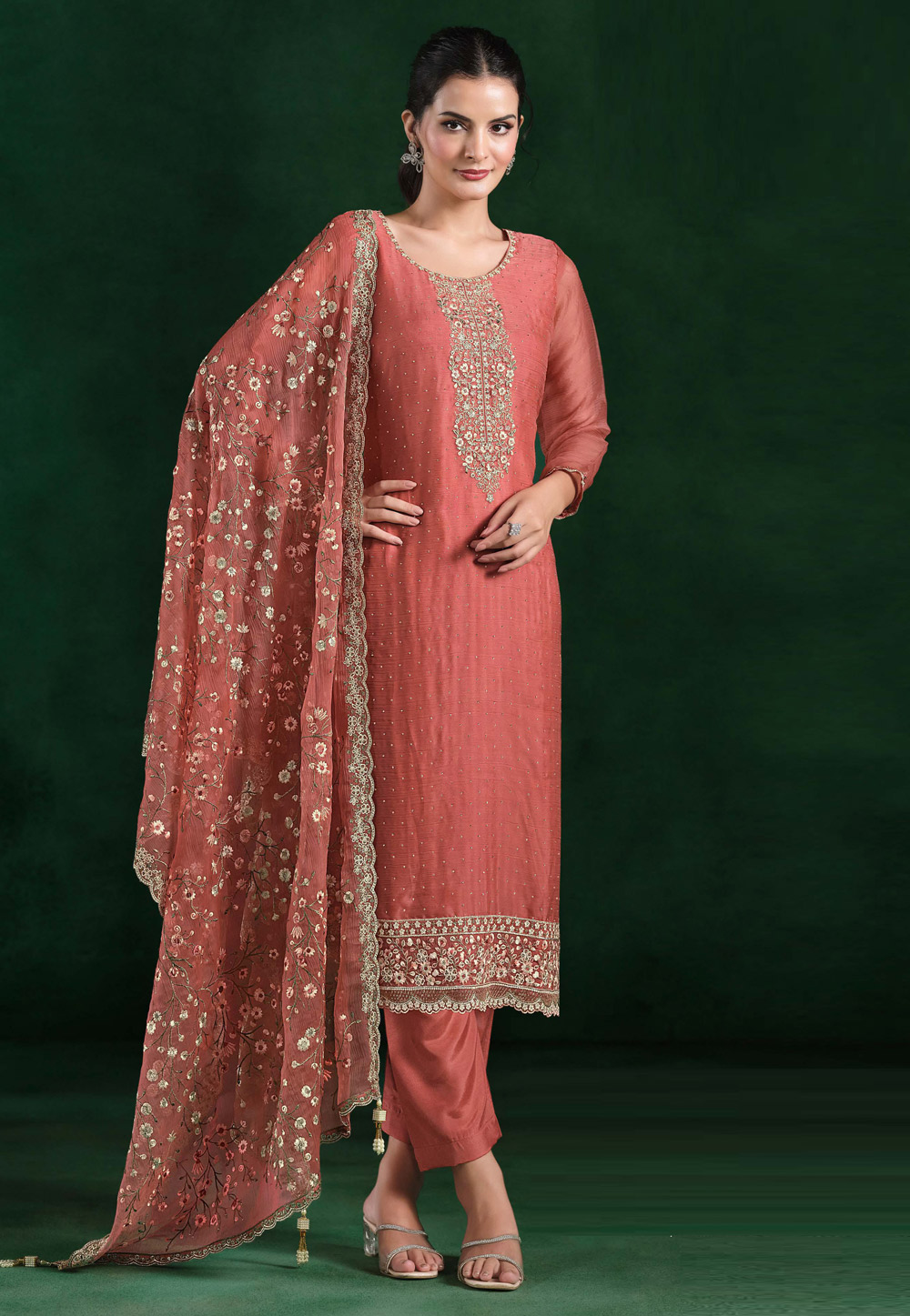 Peach Chiffon Pant Style Suit 310939