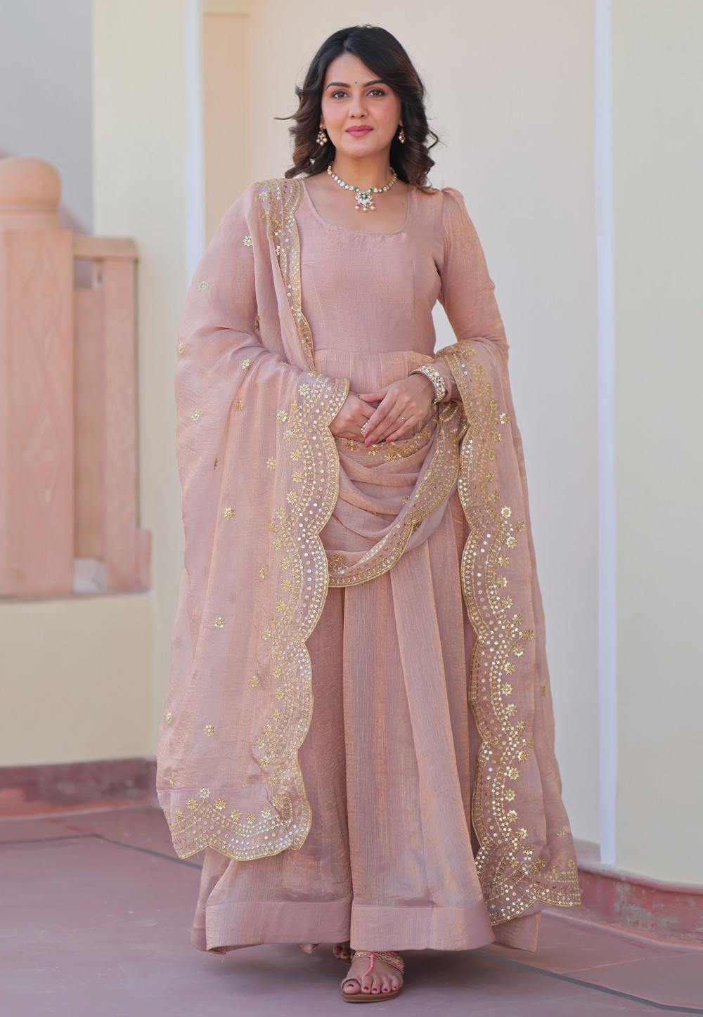 Peach Chiffon Readymade Anarkali Suit 309936