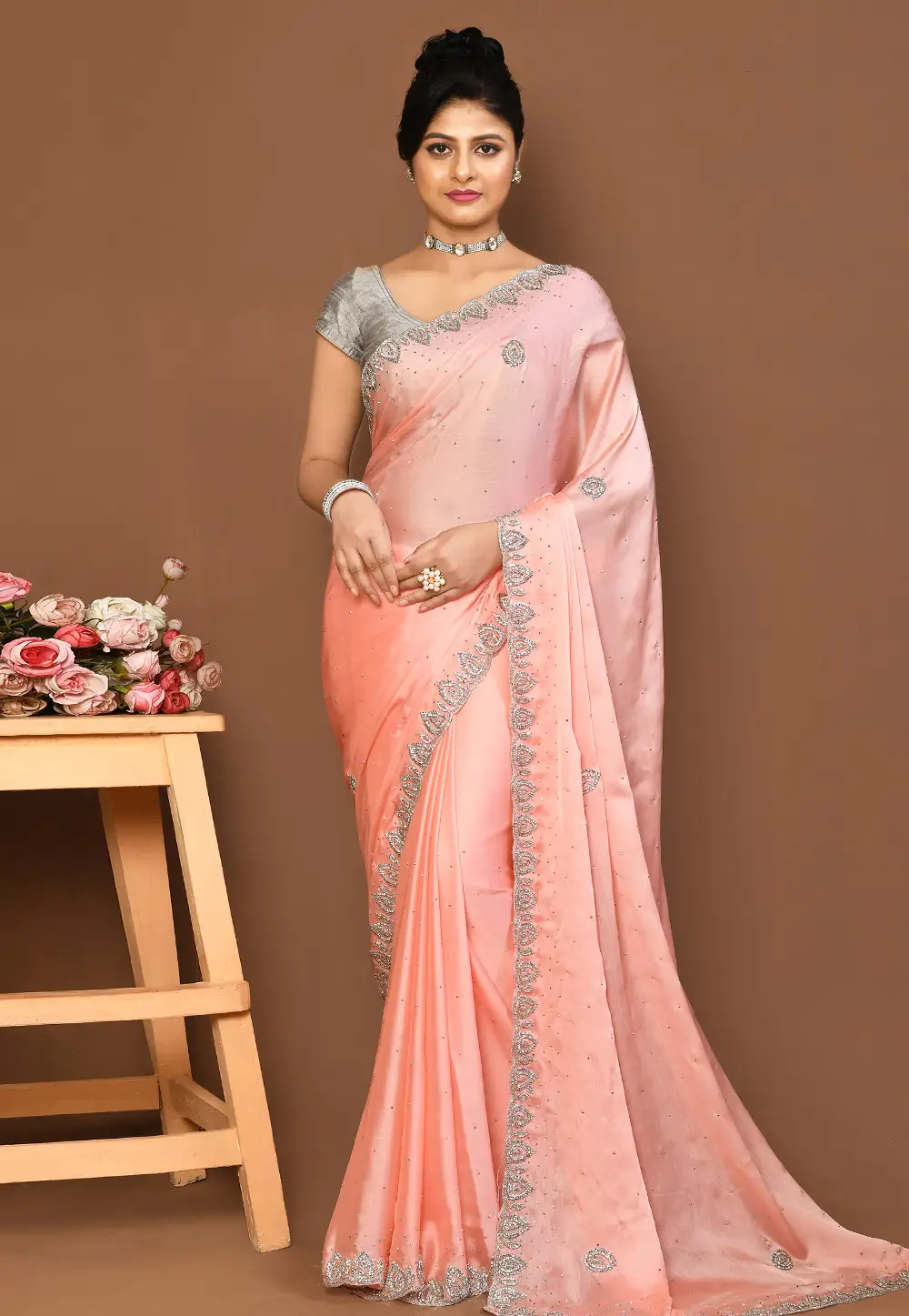 Peach Chiffon Saree With Blouse 296009