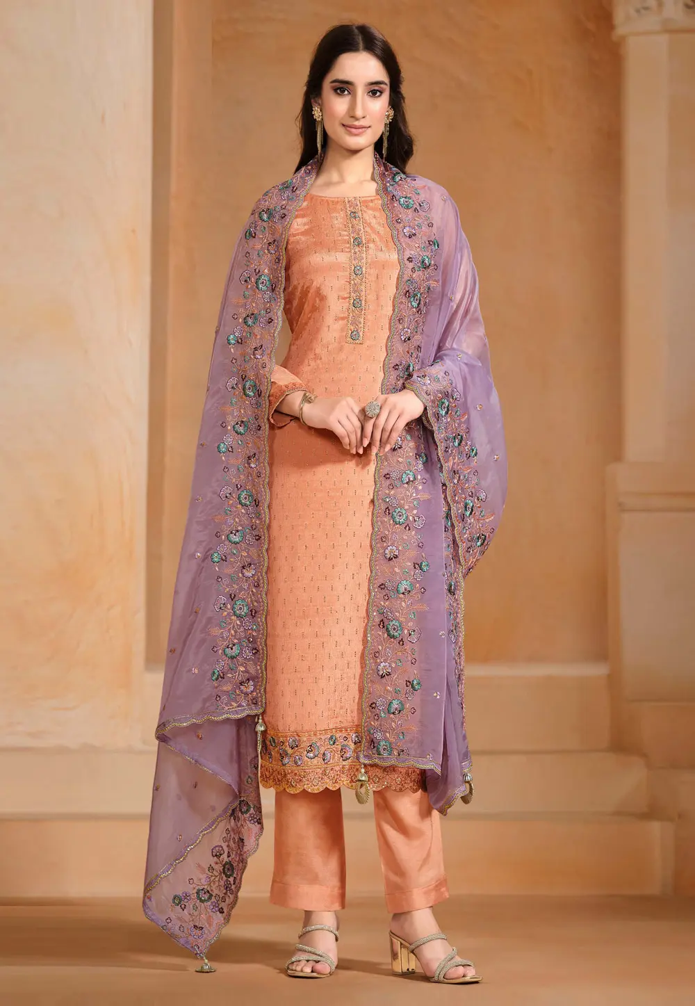 Peach Chinon Chiffon Straight Suit 299124