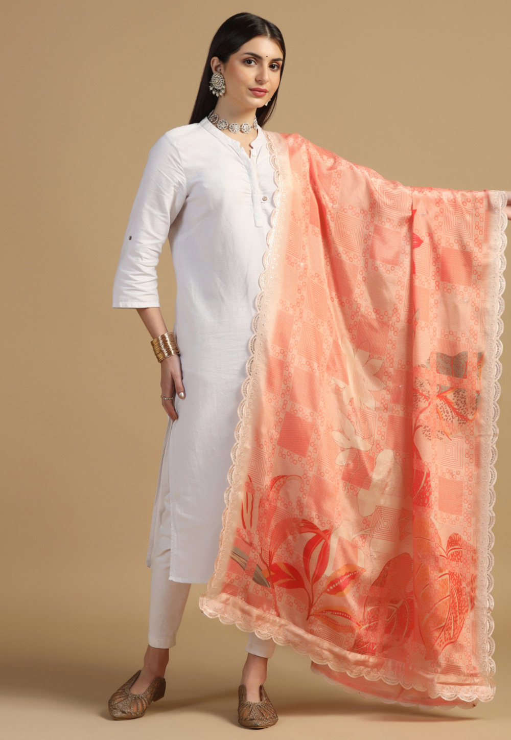 Peach Chinon Dupatta 305778