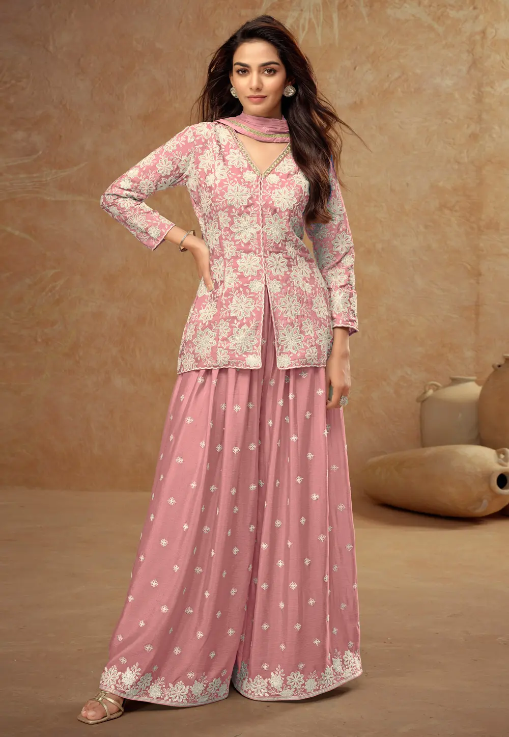 Peach Chinon Embroidered Palazzo Suit 300885