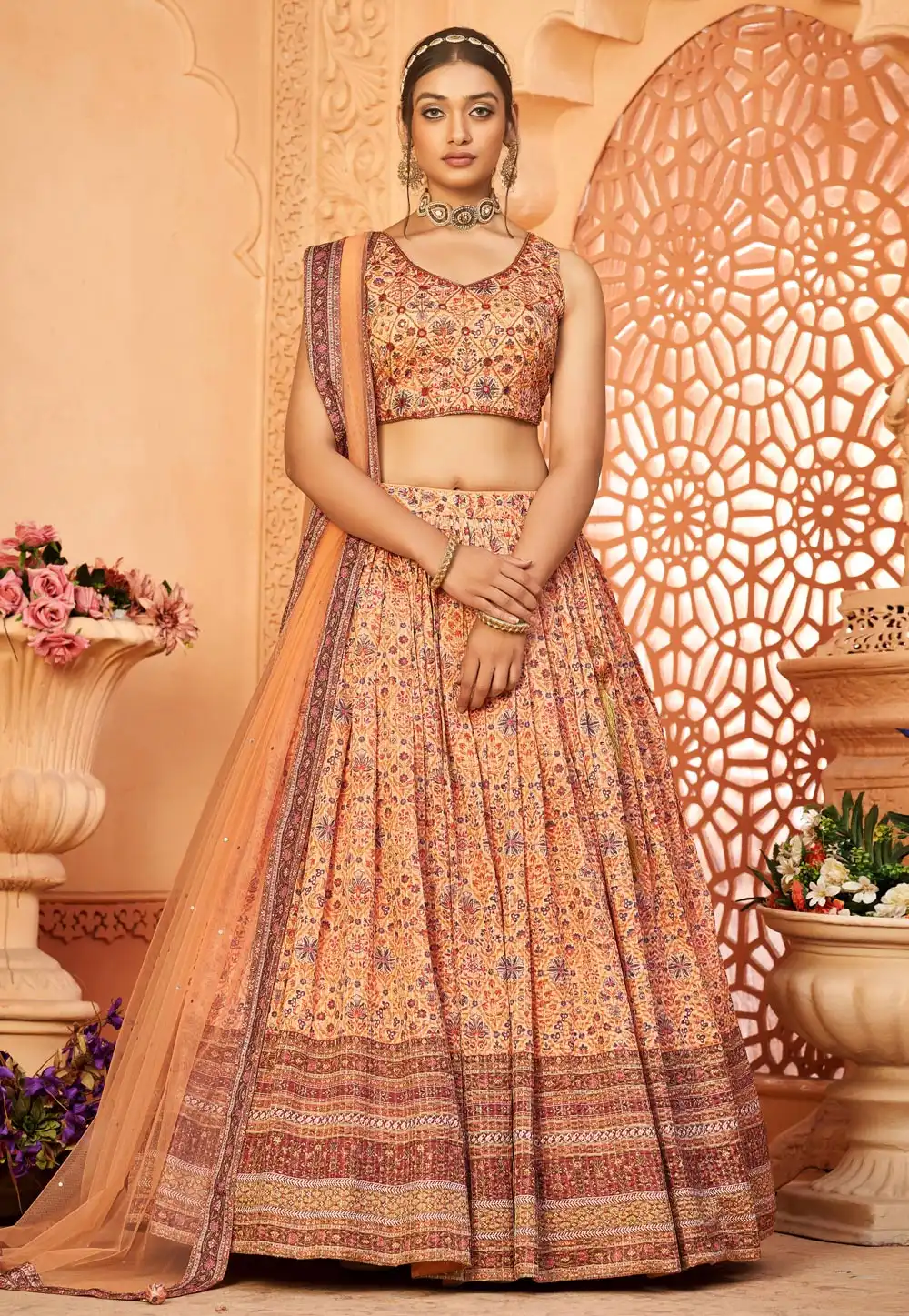 Peach Chinon Floral Lehenga choli 293363