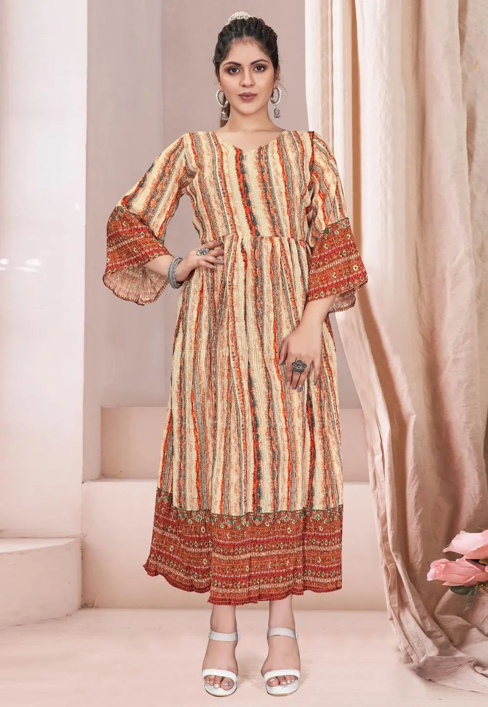 Peach Chinon Printed Long Kurti 304363