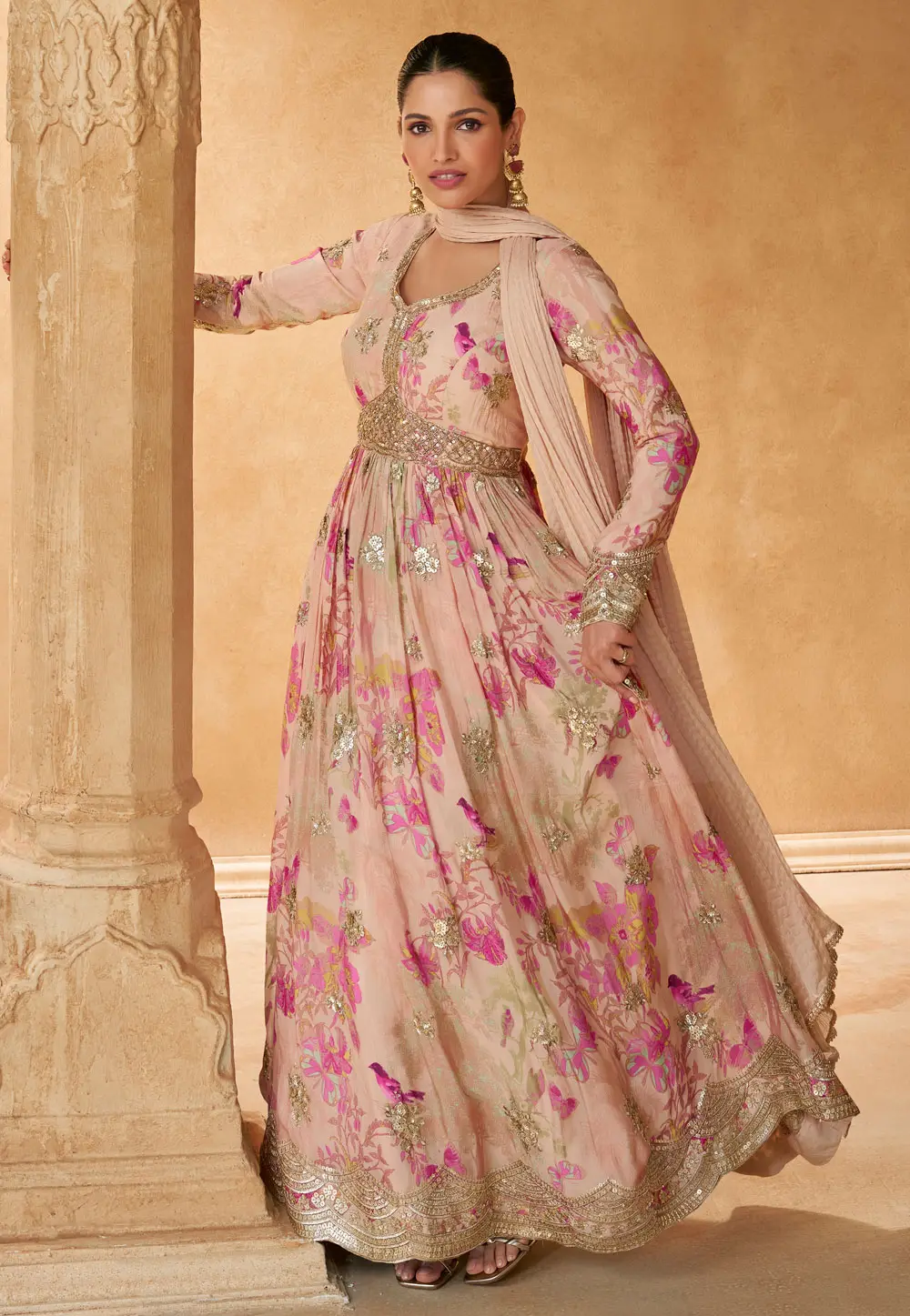 Peach Chinon Silk Anarkali Suit 297135