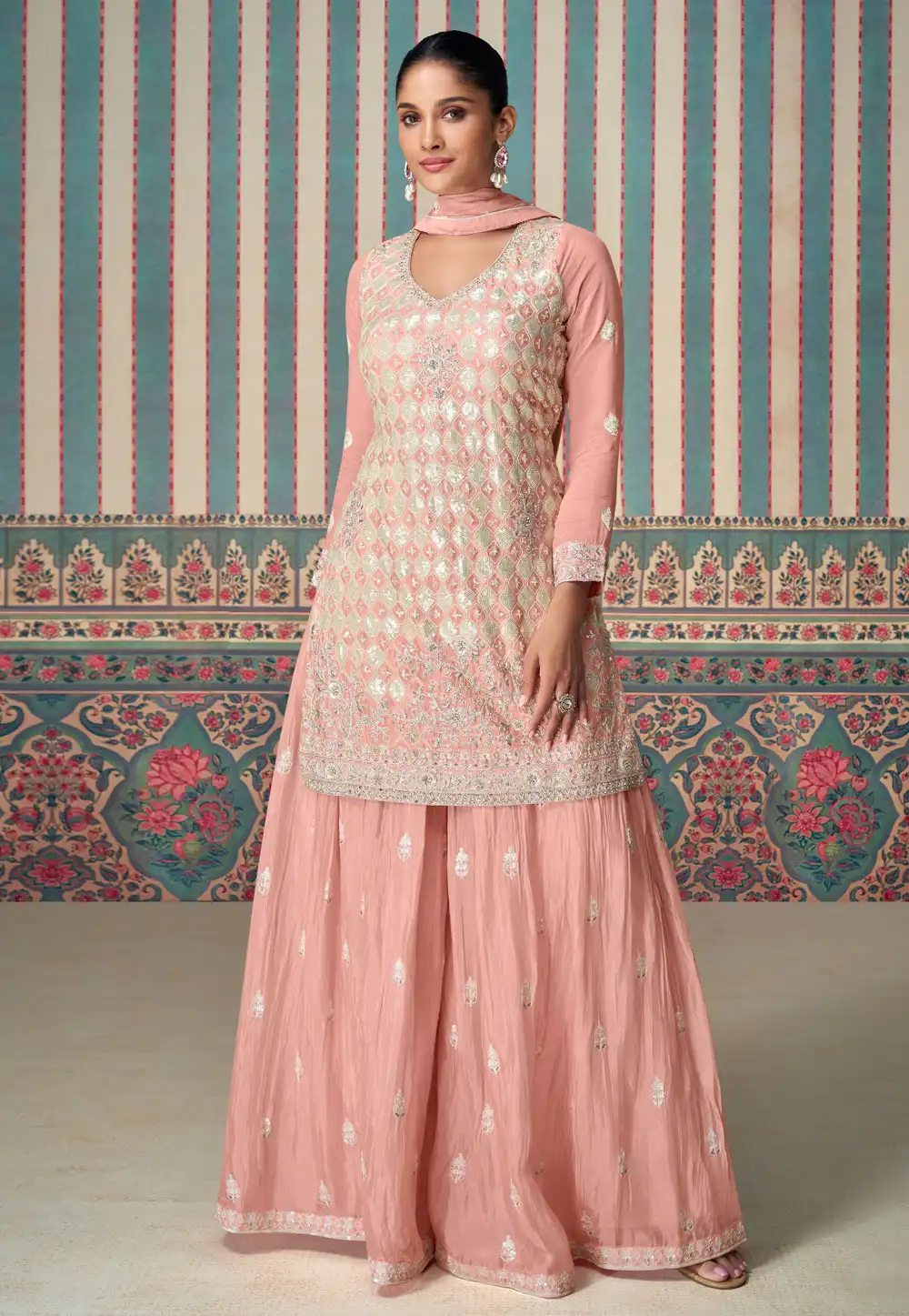 Peach Chinon Silk Palazzo Suit 295128