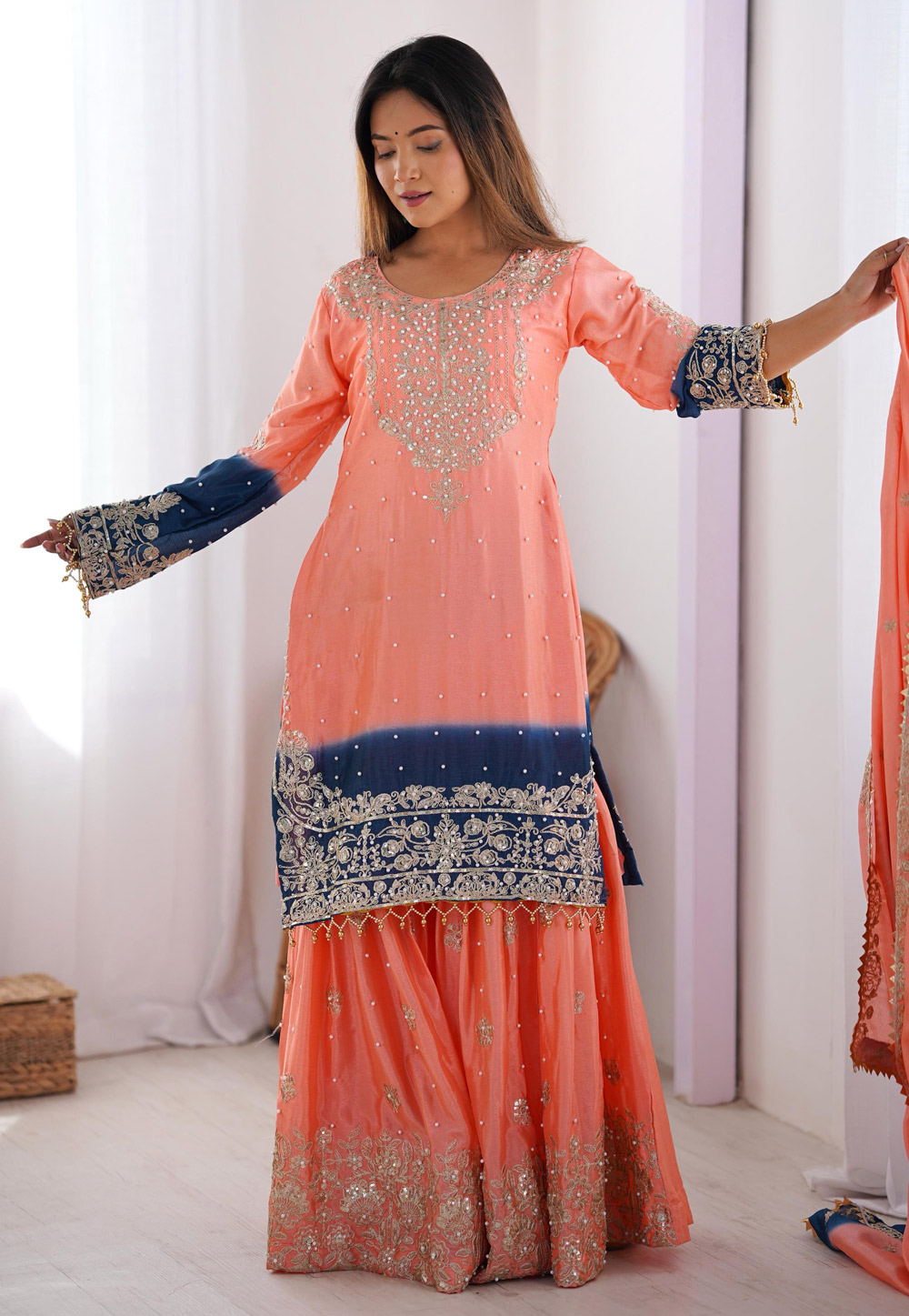 Peach Chinon Silk Readymade Sharara Suit 310715