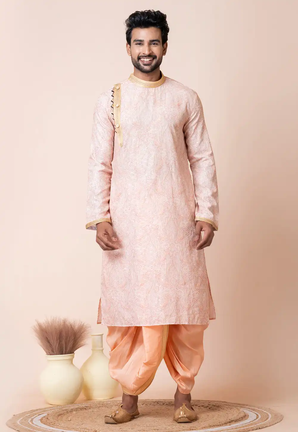 Peach Cotton Dhoti Kurta 294338