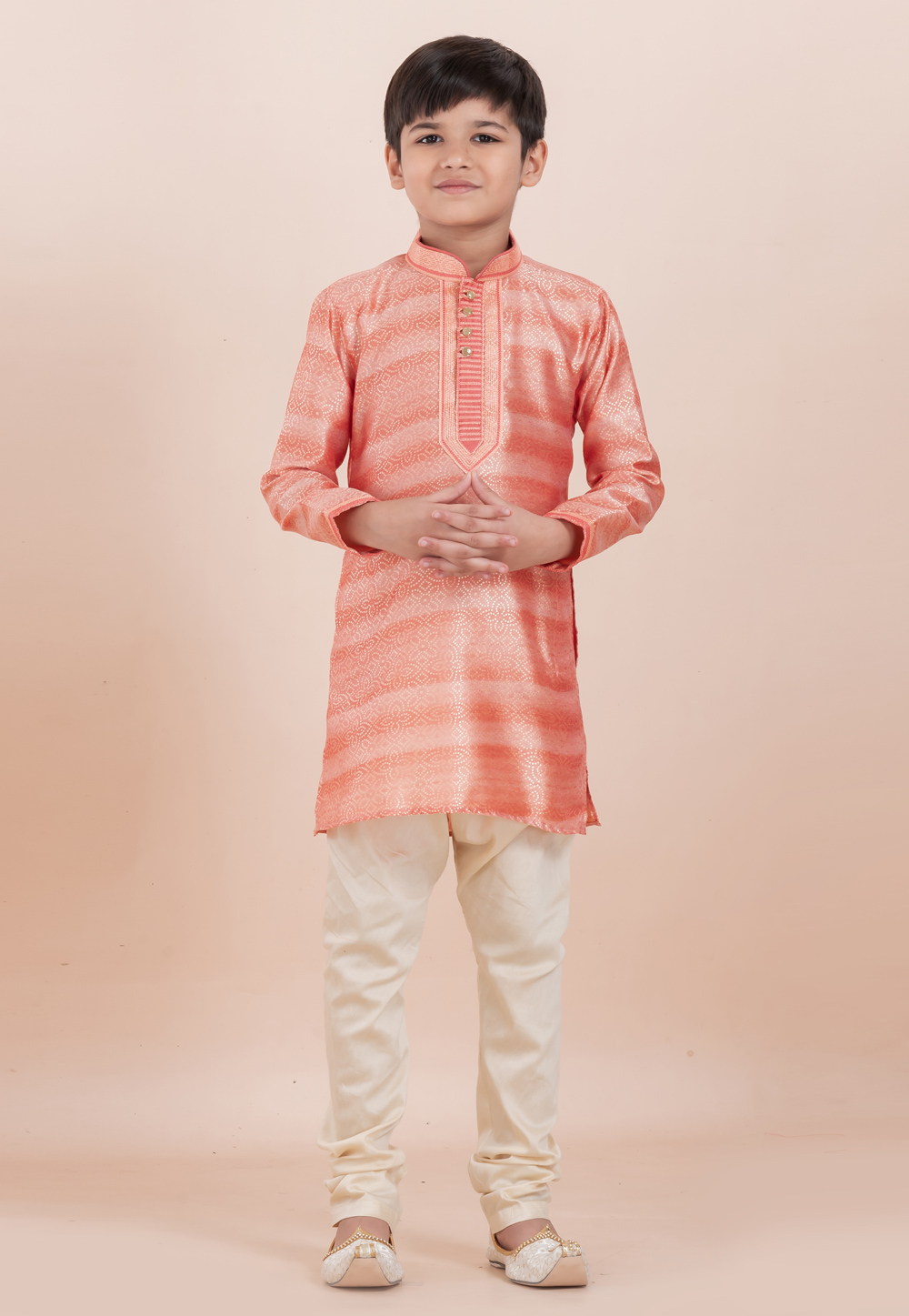 Peach Cotton Jacquard Kids Kurta Pajama 305998