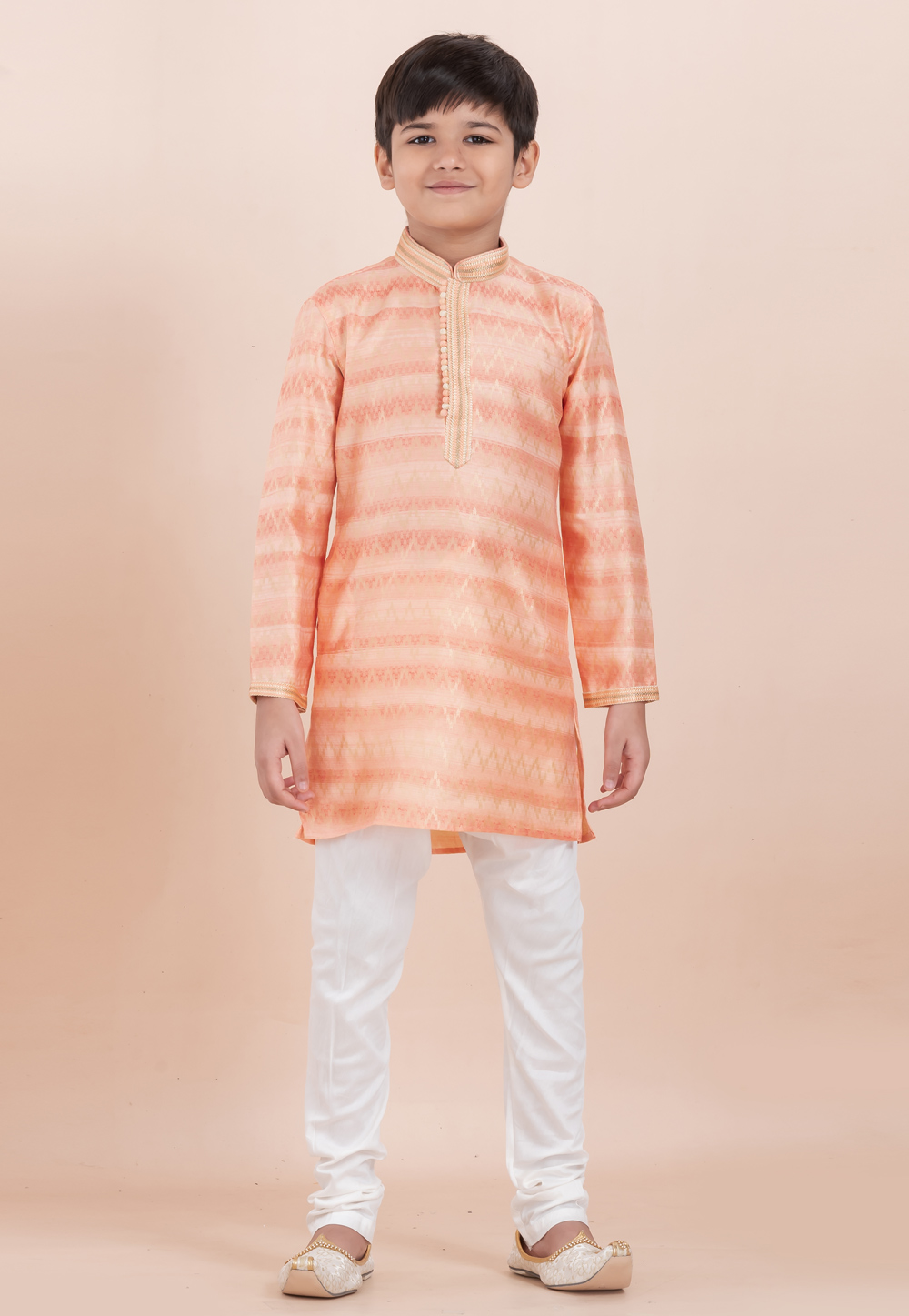 Peach Cotton Jacquard Kids Kurta Pajama 305999