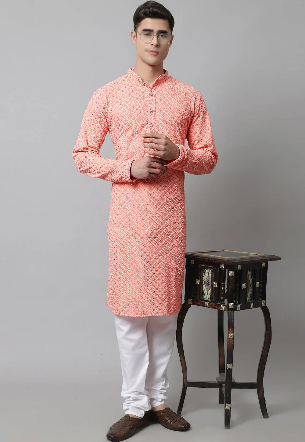 Peach Cotton Kurta Pajama 287123