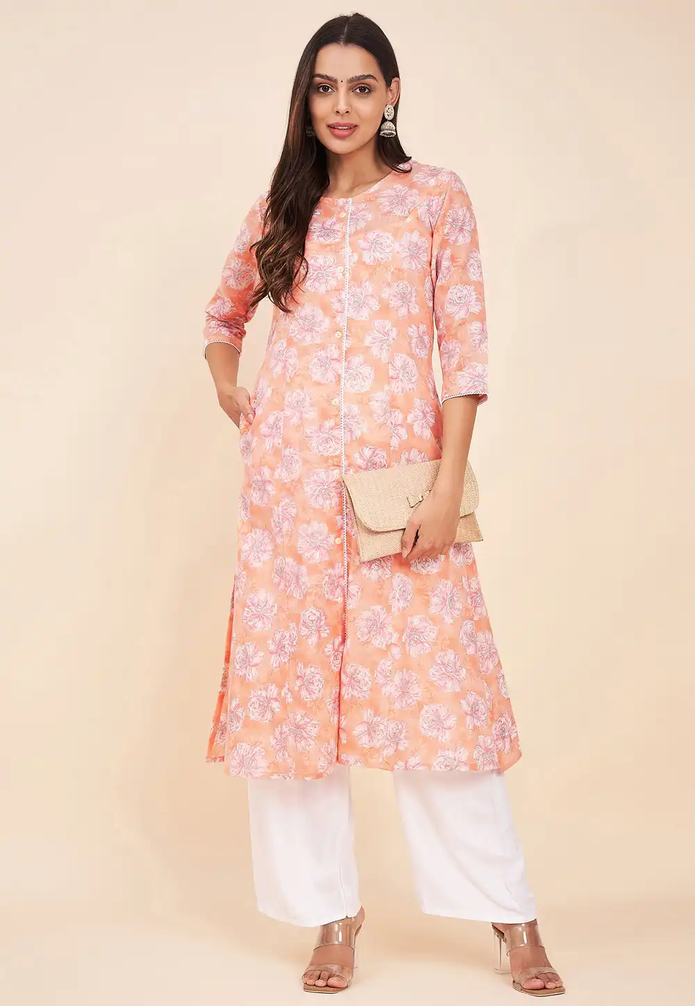 Peach Cotton Kurta Set With Palazzo 290255