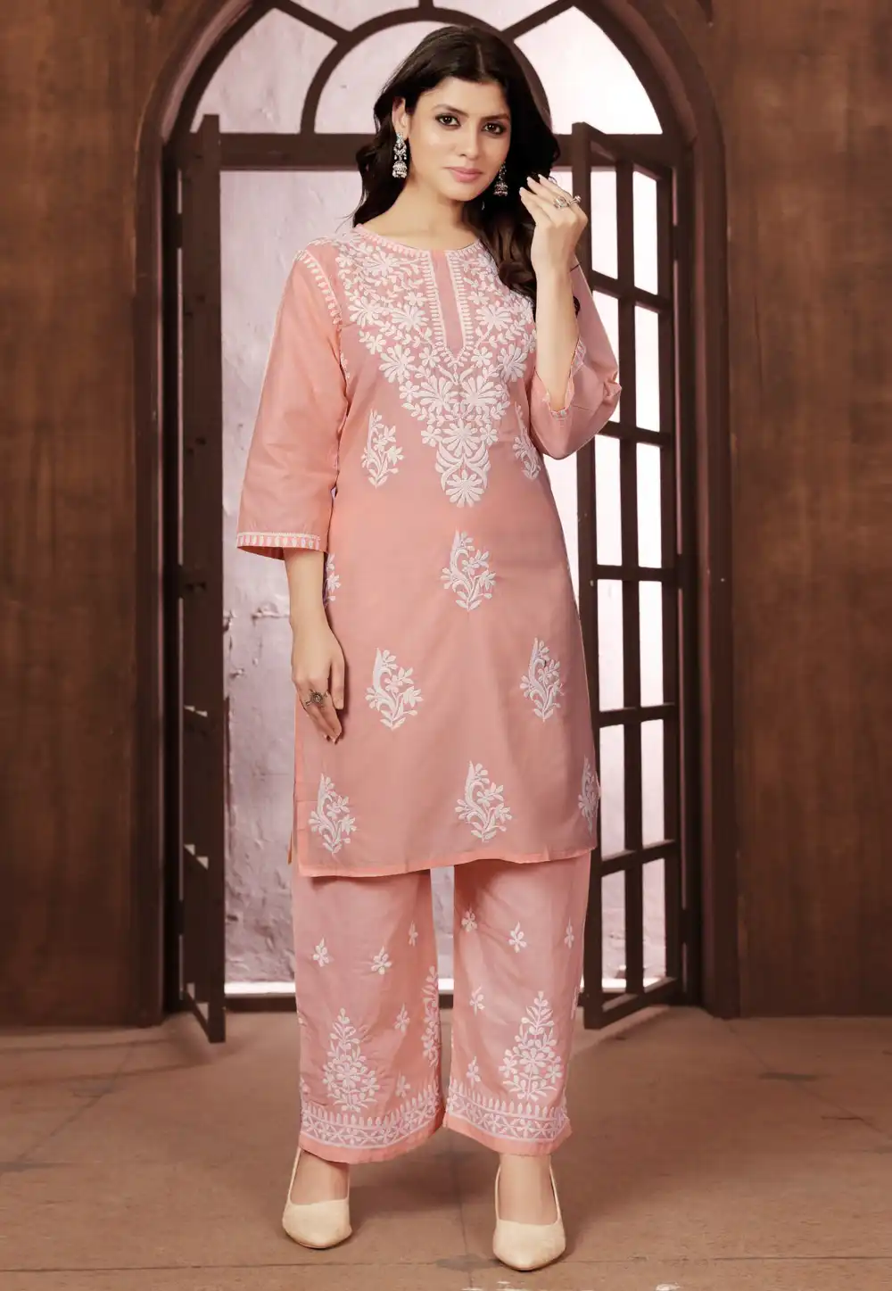 Peach Cotton Kurta Set With Palazzo 293513