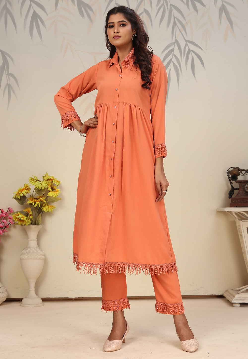 Peach Cotton Kurta Set With Pant 310529