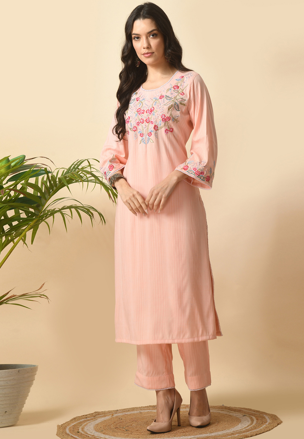 Peach Cotton Rayon Kurta Set With Pent 305485