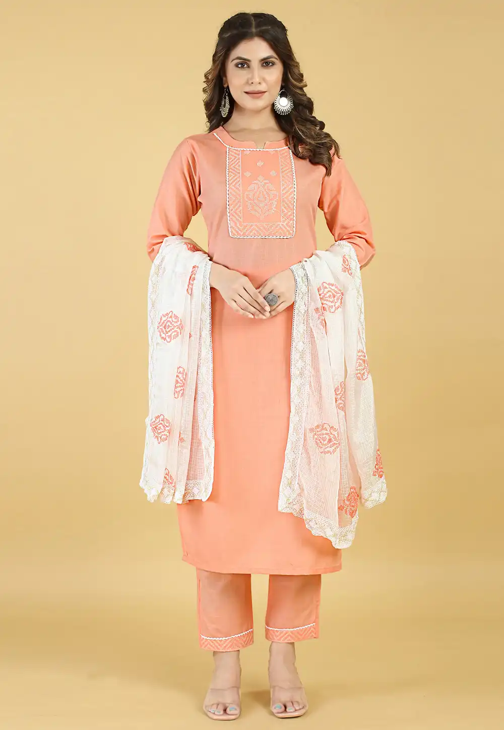 Peach Cotton Readymade Pant Style Suit 290718