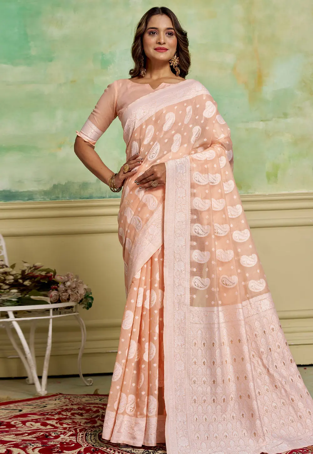 Peach Cotton Saree With Blouse 301234