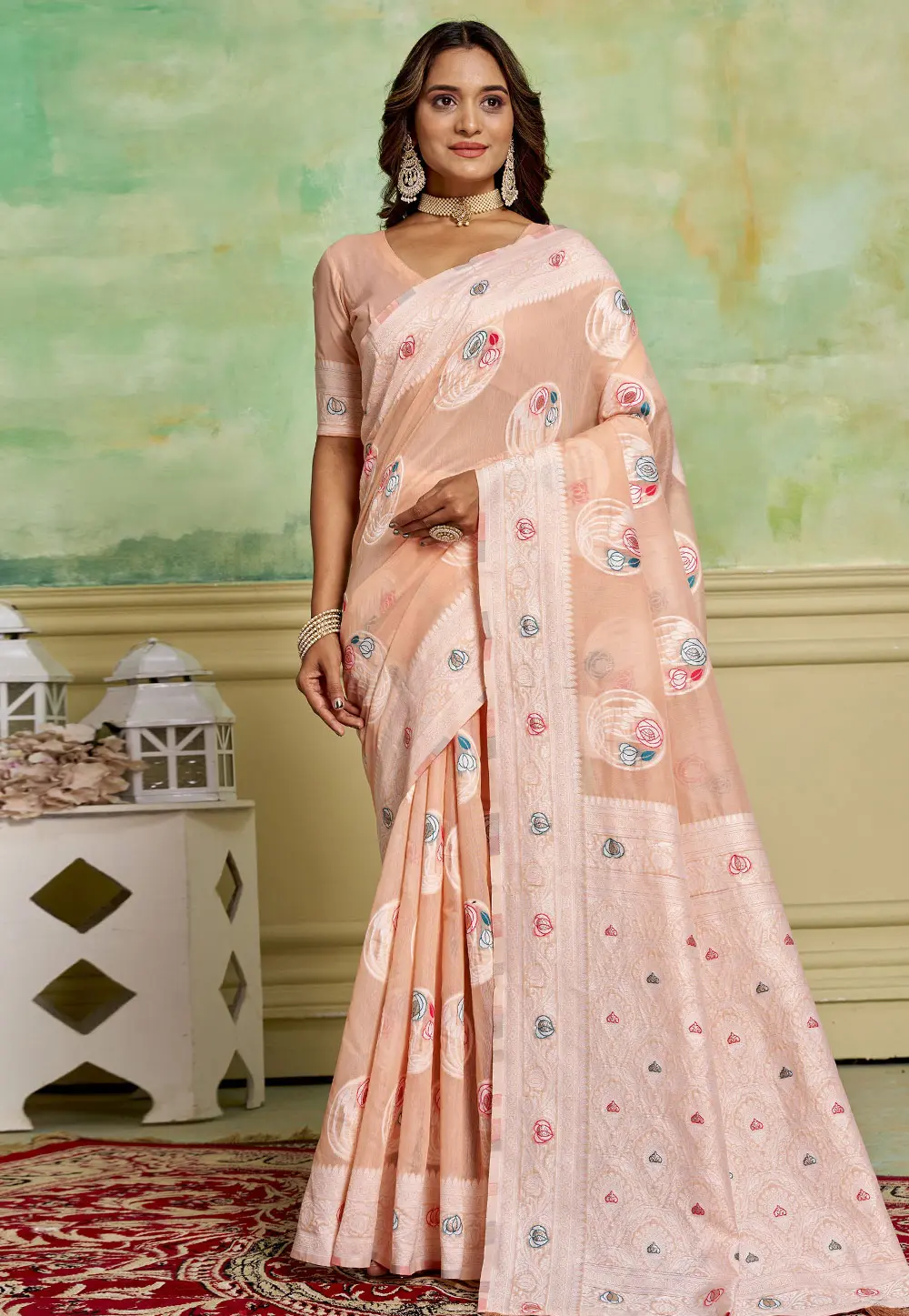 Peach Cotton Saree With Blouse 300570