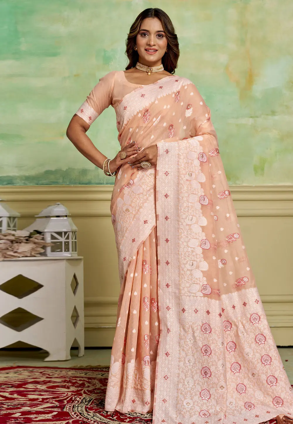 Peach Cotton Saree With Blouse 300574