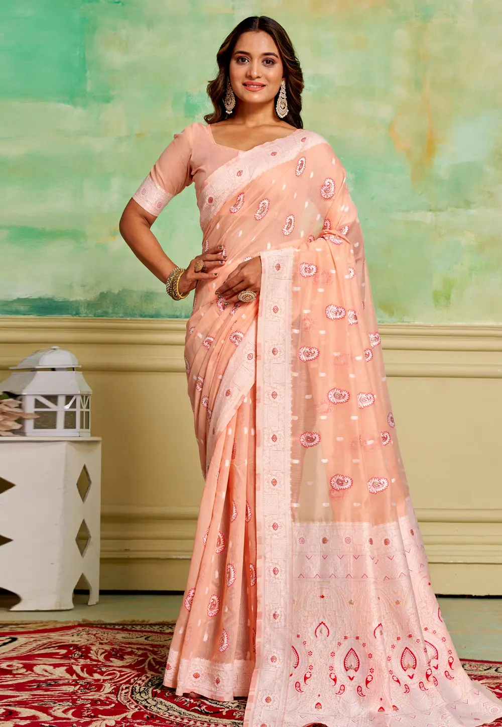 Peach Cotton Saree With Blouse 300814