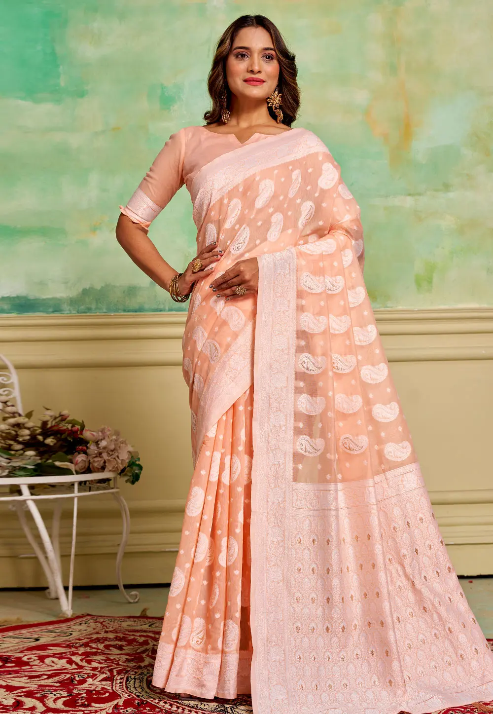 Peach Cotton Saree With Blouse 300822