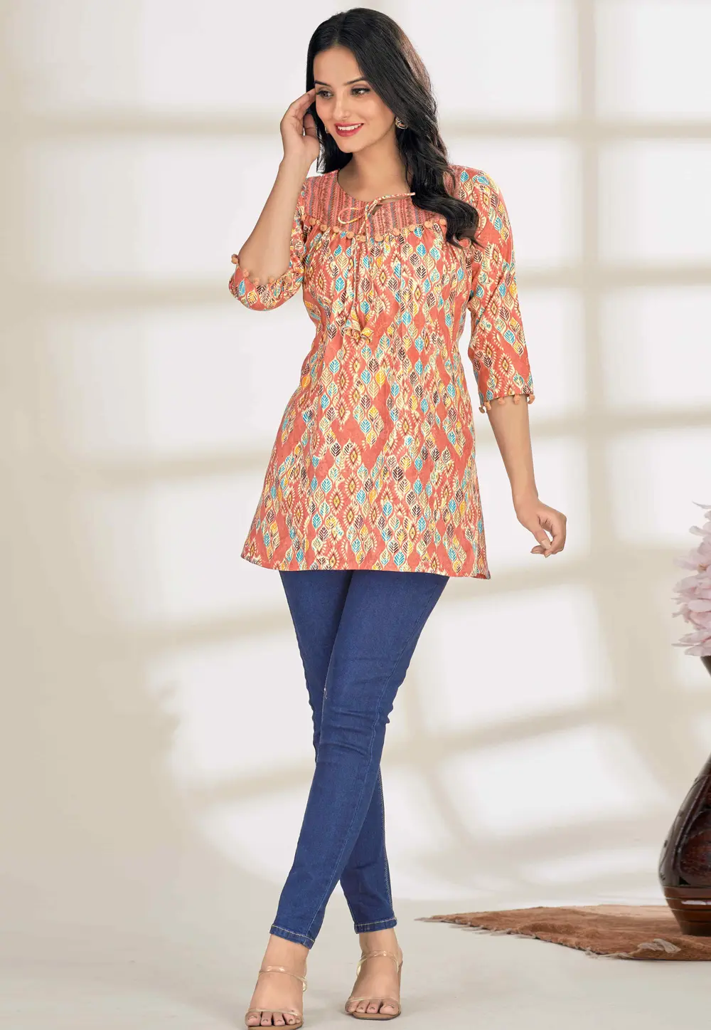 Peach Cotton Short Kurti for Women 302414