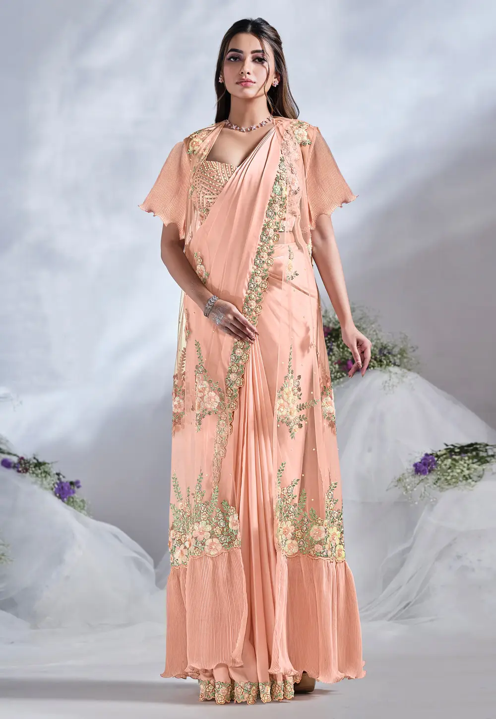 Peach Crepe Designer Saree 295889