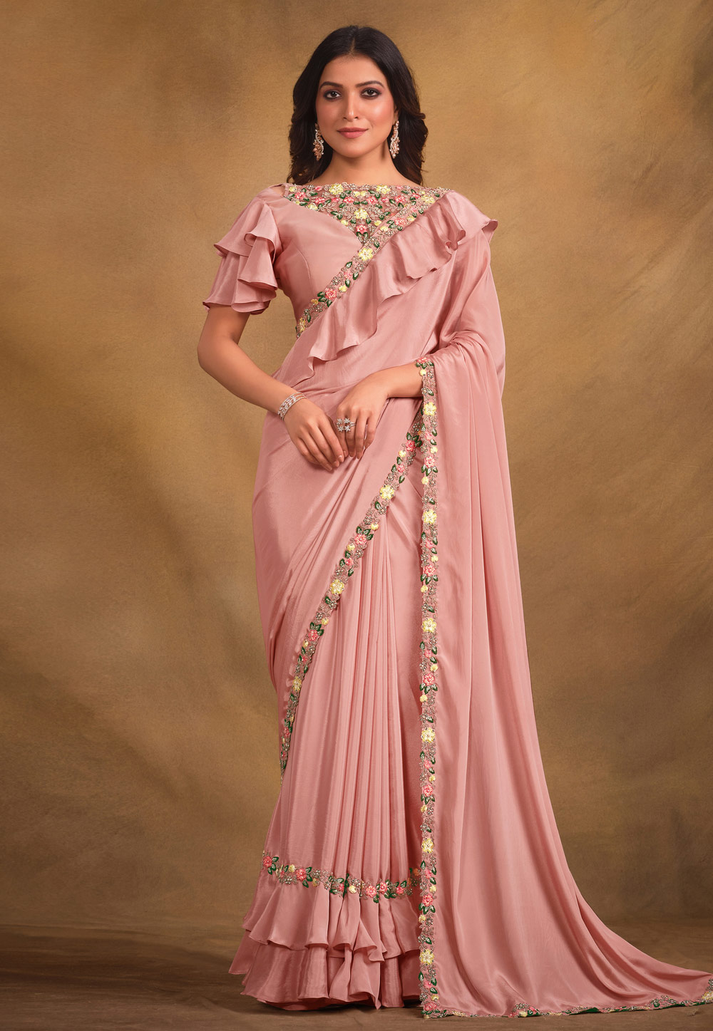 Peach Crepe Georgette Ruffle Border Saree With Blouse 287045