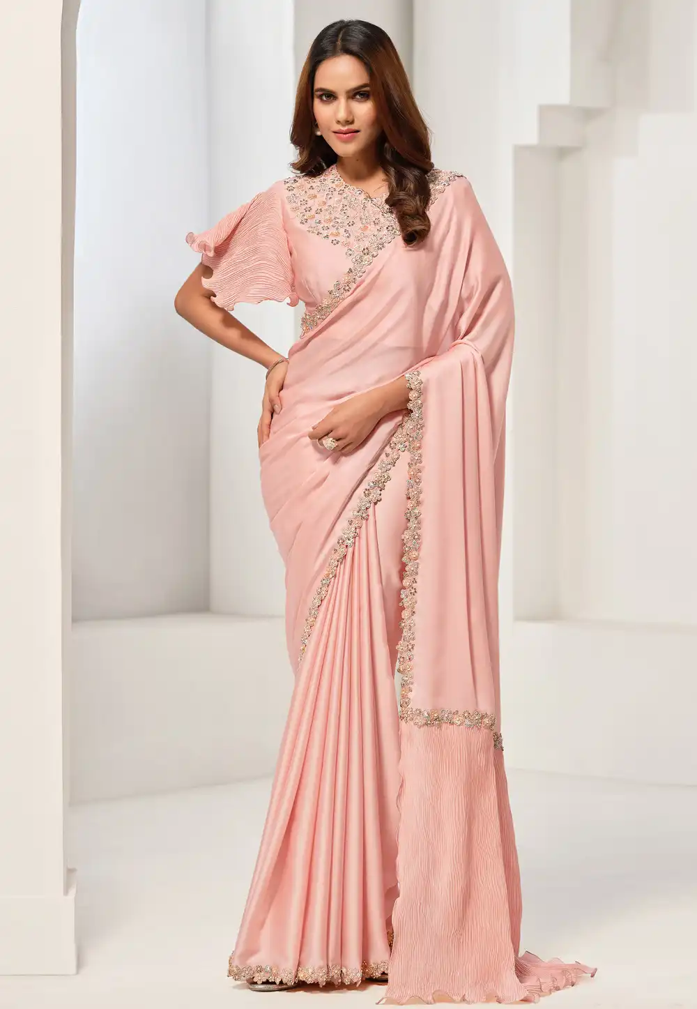 Peach Crepe Plain Saree With Designer Blouse 293080