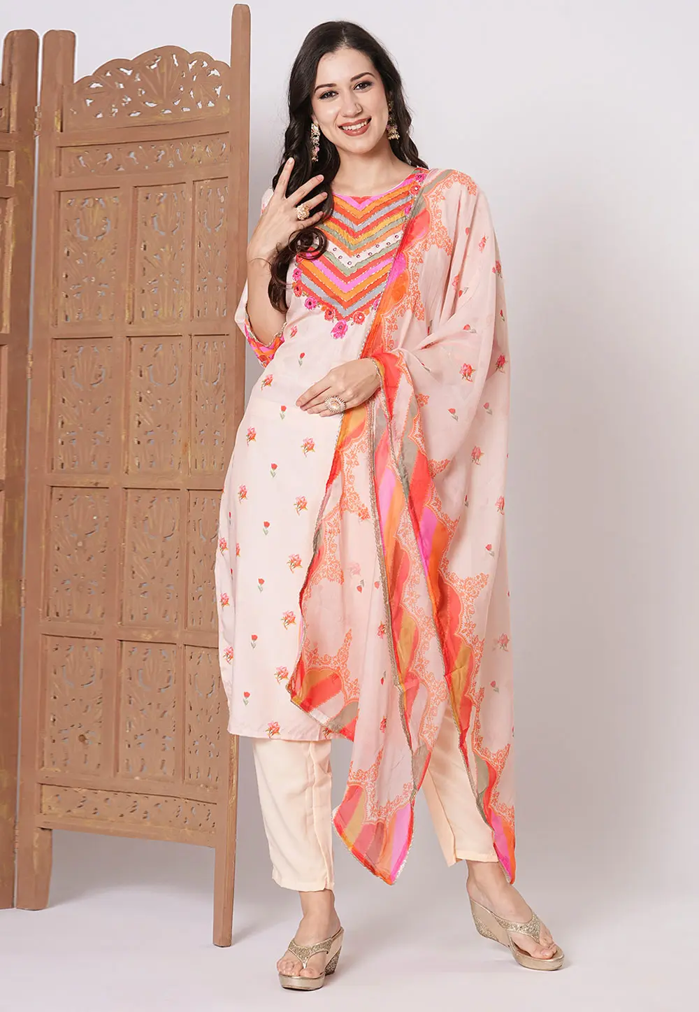 Peach Crepe Readymade Pakistani Suit 300095