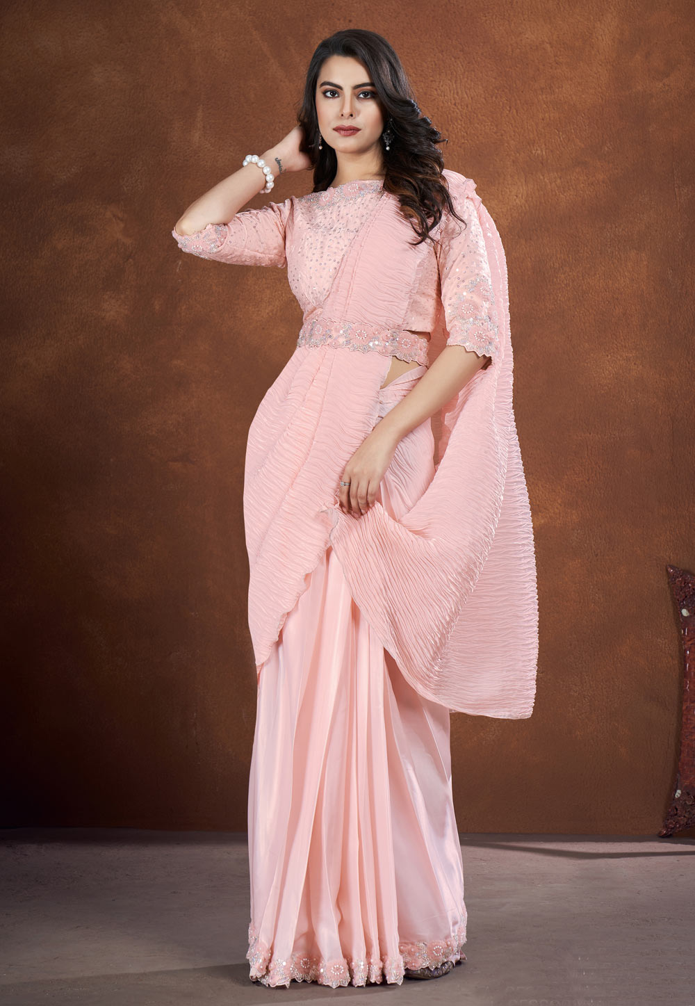 Peach Crepe Satin Saree With Blouse 285159