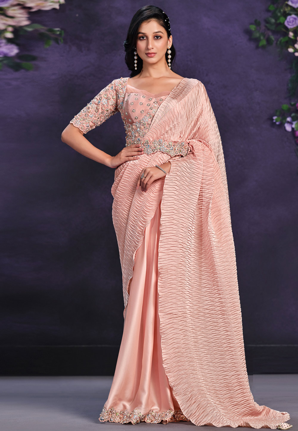 Peach Crepe Satin Saree With Blouse 286623