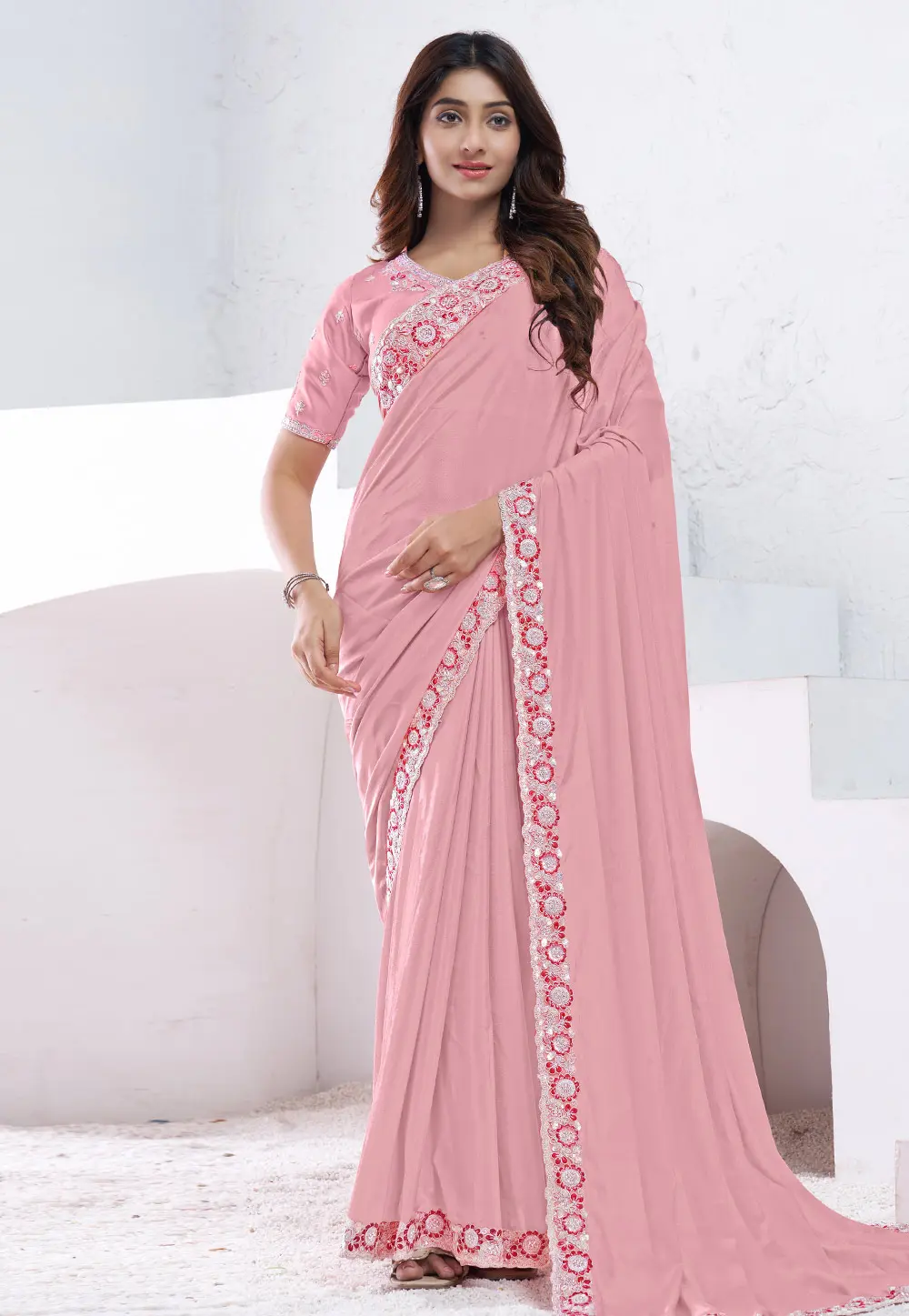 Peach Crepe Silk Saree With Blouse 301284