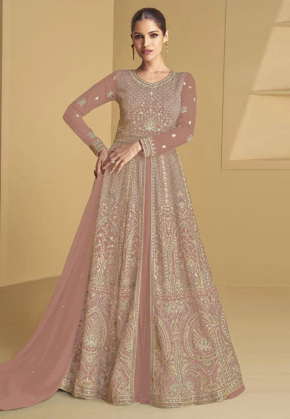 Peach Faux Georgette Embroidered Center Slit Anarkali Suit 302379