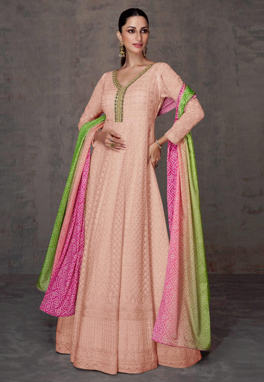 Peach Faux Georgette Embroidered Floor Length Anarkali Suit 280561