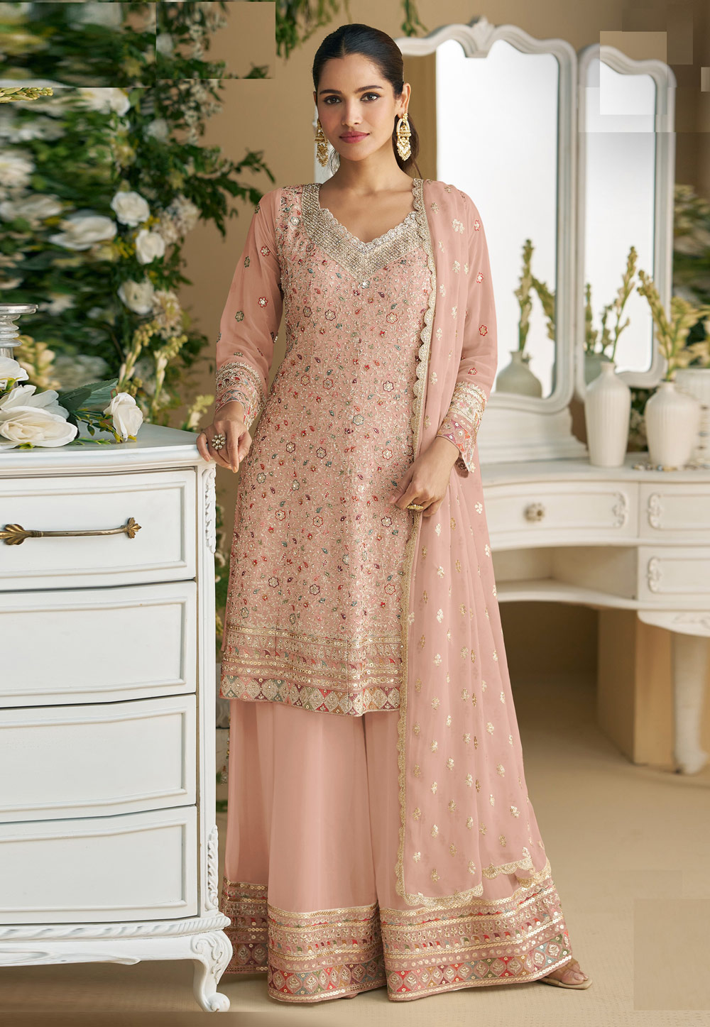Peach Faux Georgette Embroidered Pakistani Suit 310214