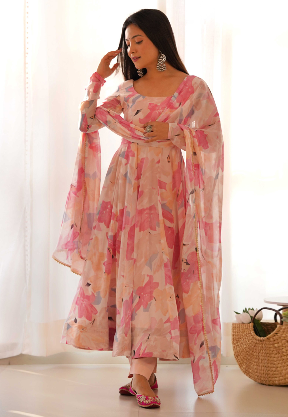 Peach Faux Georgette Readymade Anarkali Suit 286576