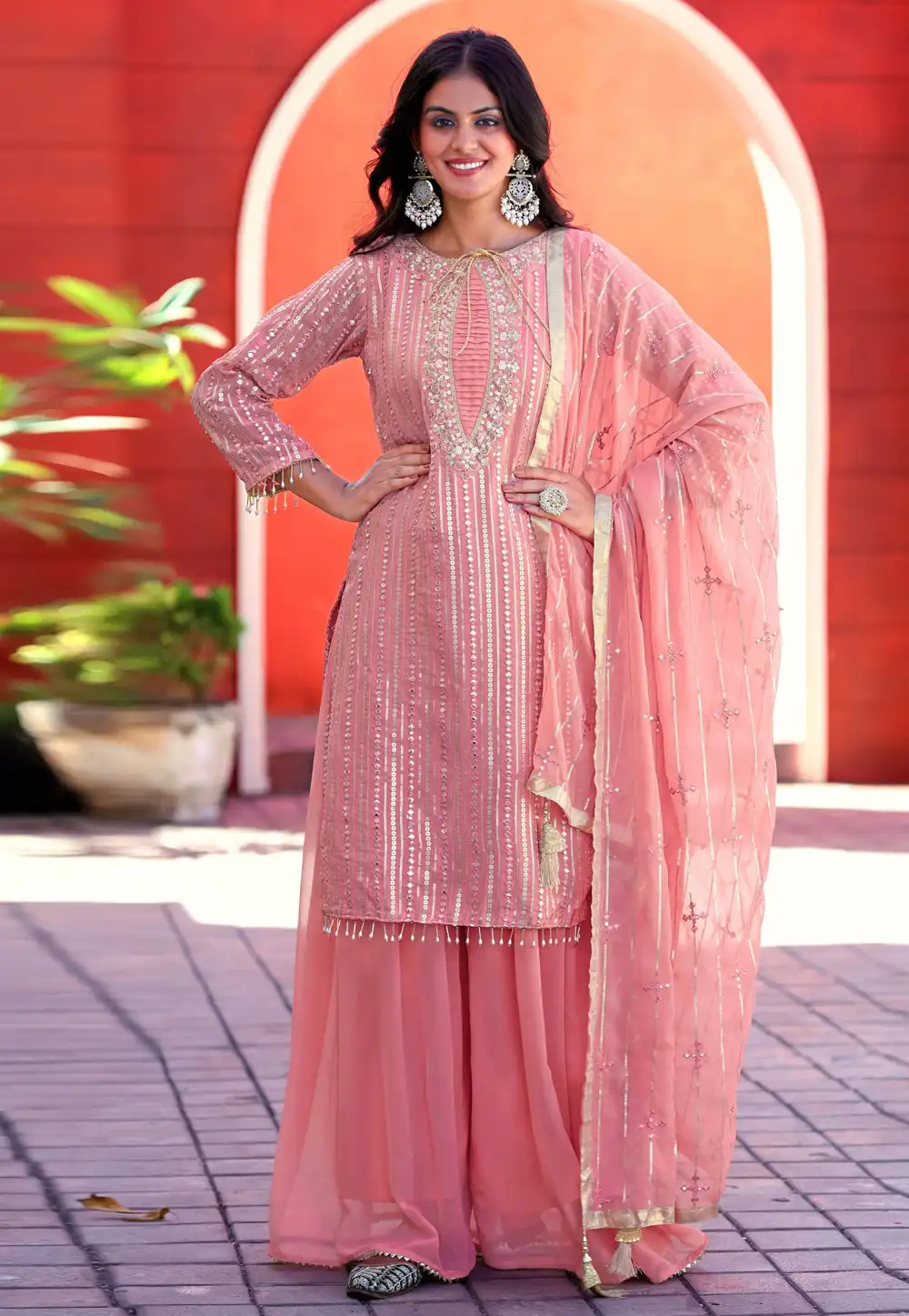 Peach Faux Georgette Readymade Sharara Suit 290822