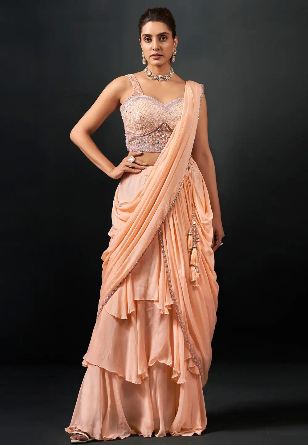 Peach Georgette Chiffon Designer Lehenga Saree 292785