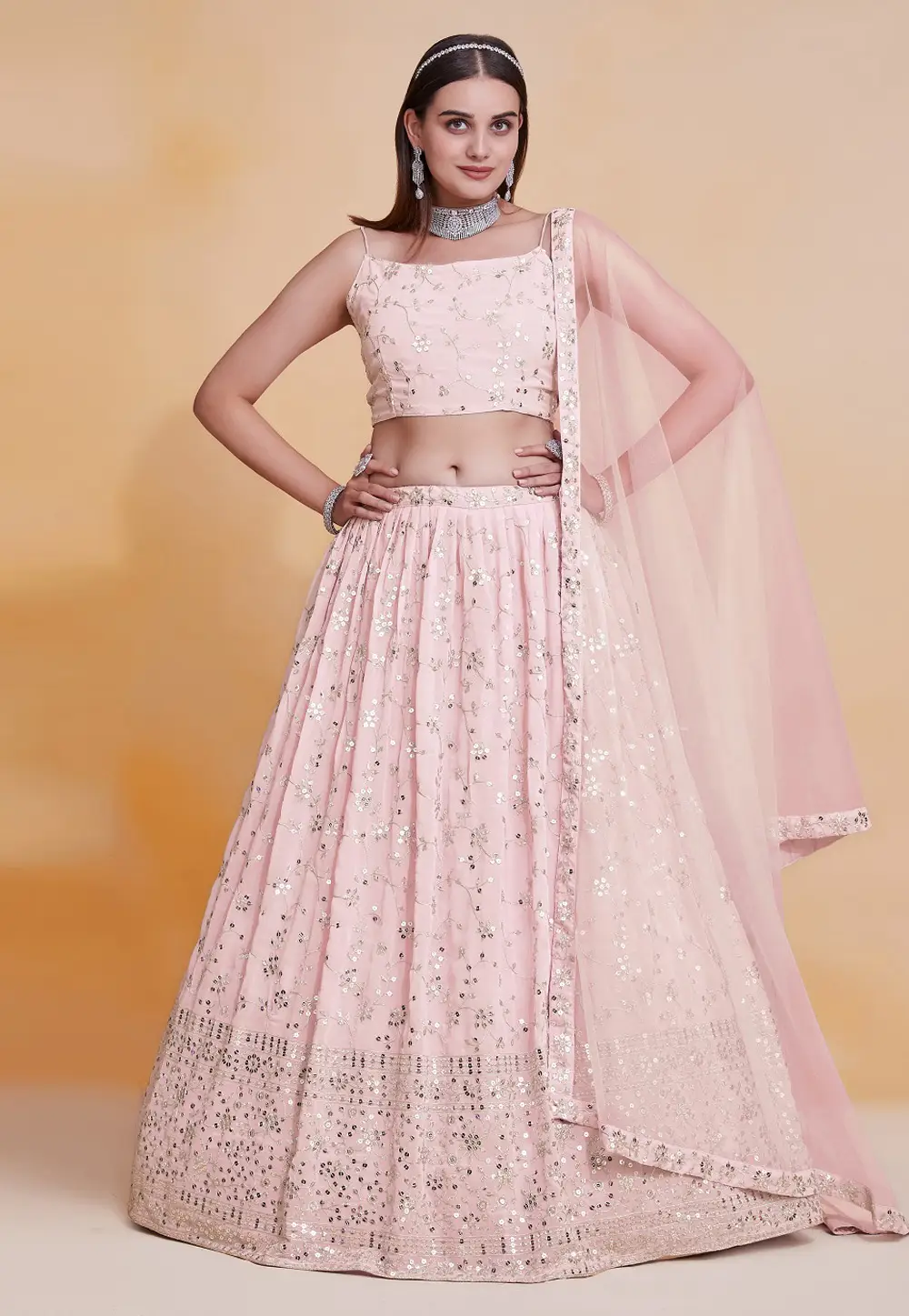 Peach Georgette Circular Lehenga Choli 296560