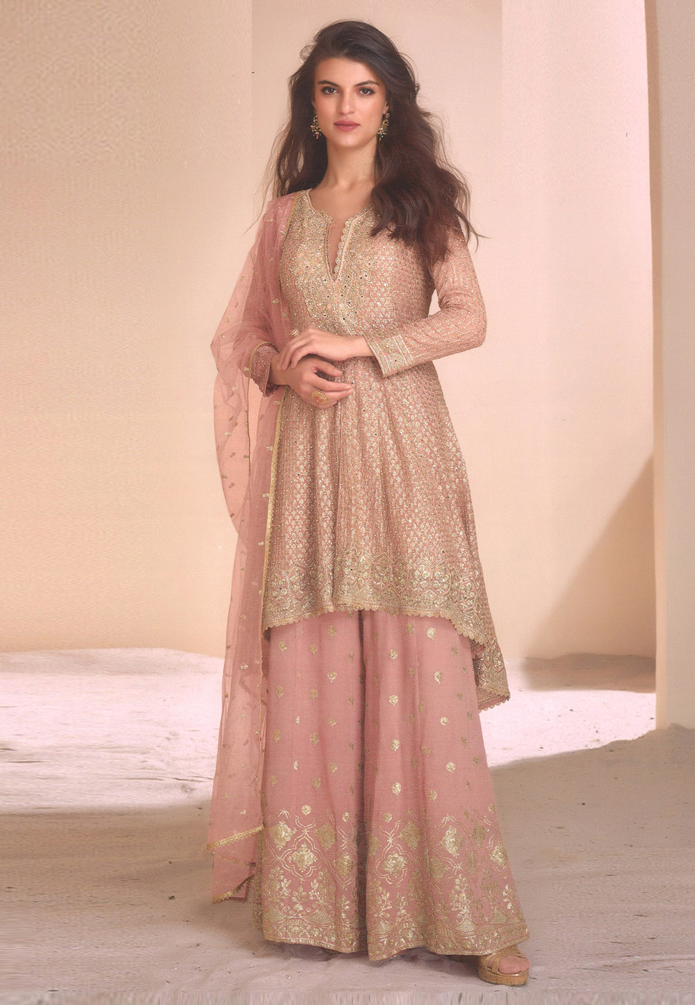 Peach Georgette Embroidered Palazzo Suit 310741