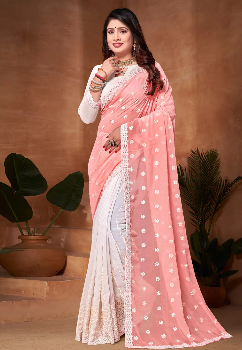 Peach Georgette Half N Half Saree 296750