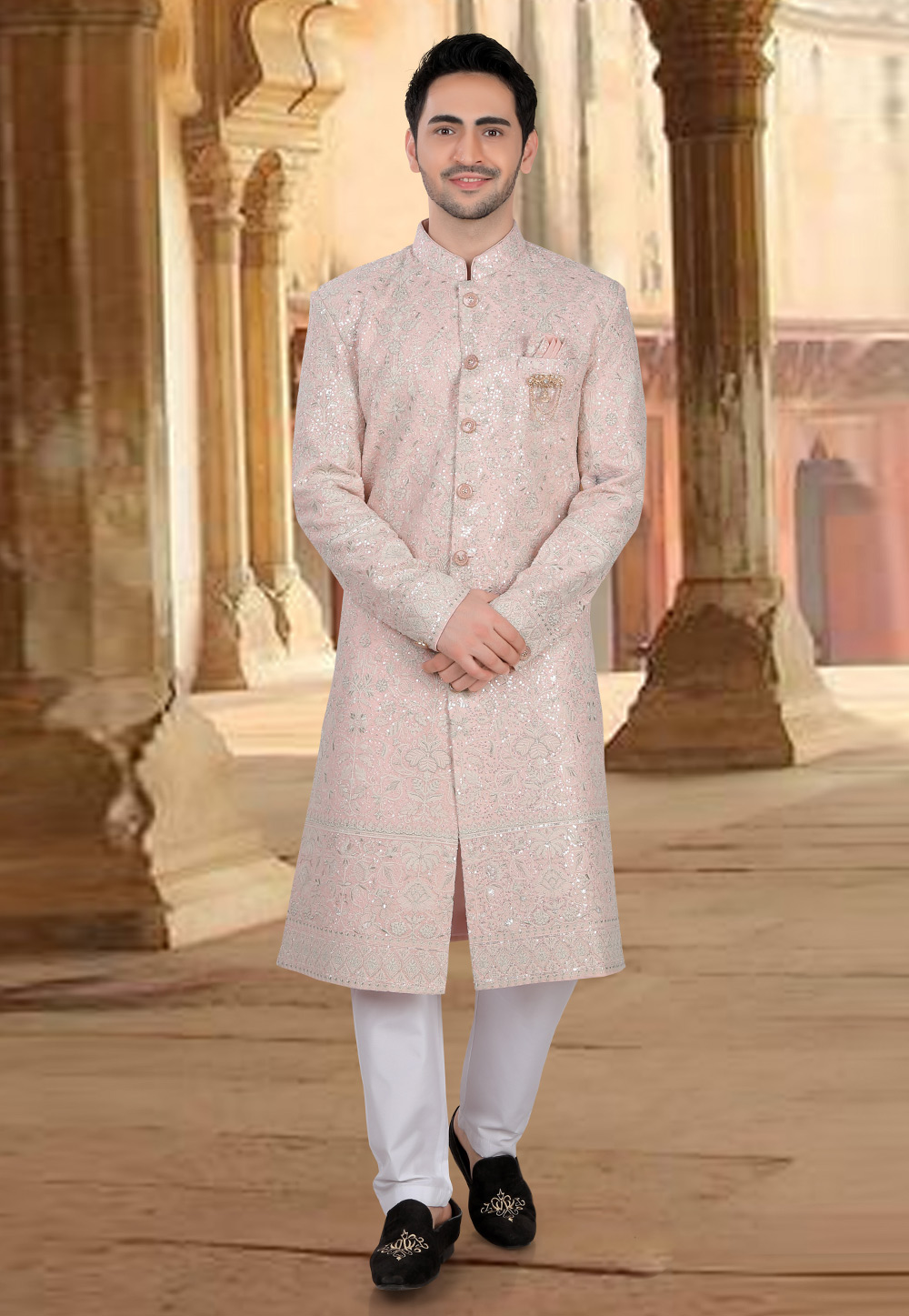 Peach Georgette Indo Western Sherwani 309070