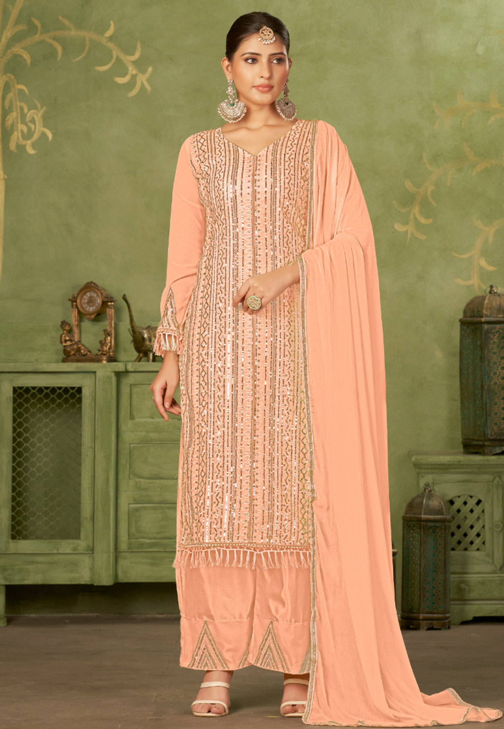 Peach Georgette Palazzo Suit 282400
